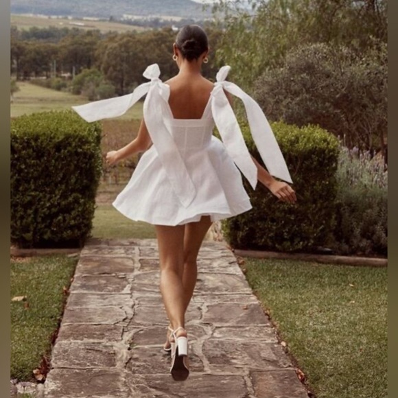 DISSH AISLE LINEN BOW MINI DRESS WHITE, SIZE 4 - Picture 4 of 16